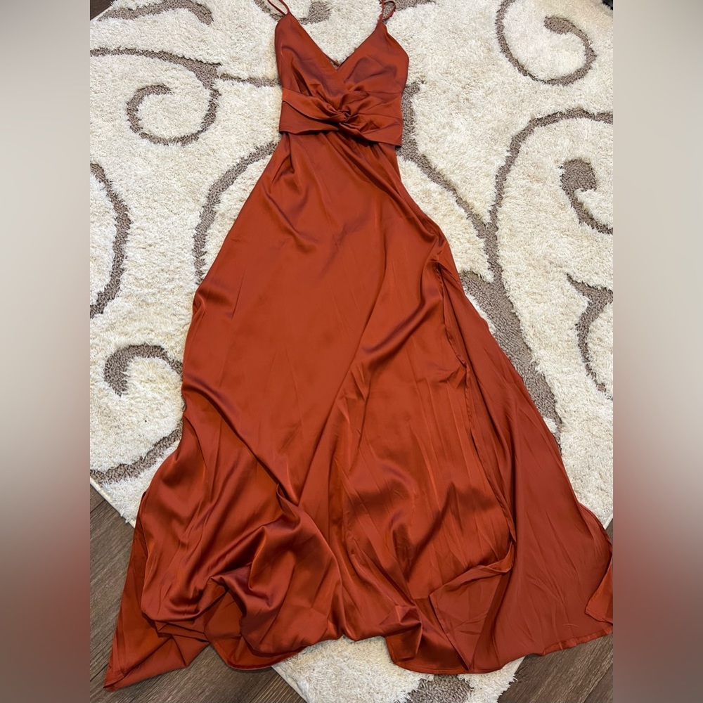 Rust/Orange Maxi Dress with one slit up leg and adjustable straps.